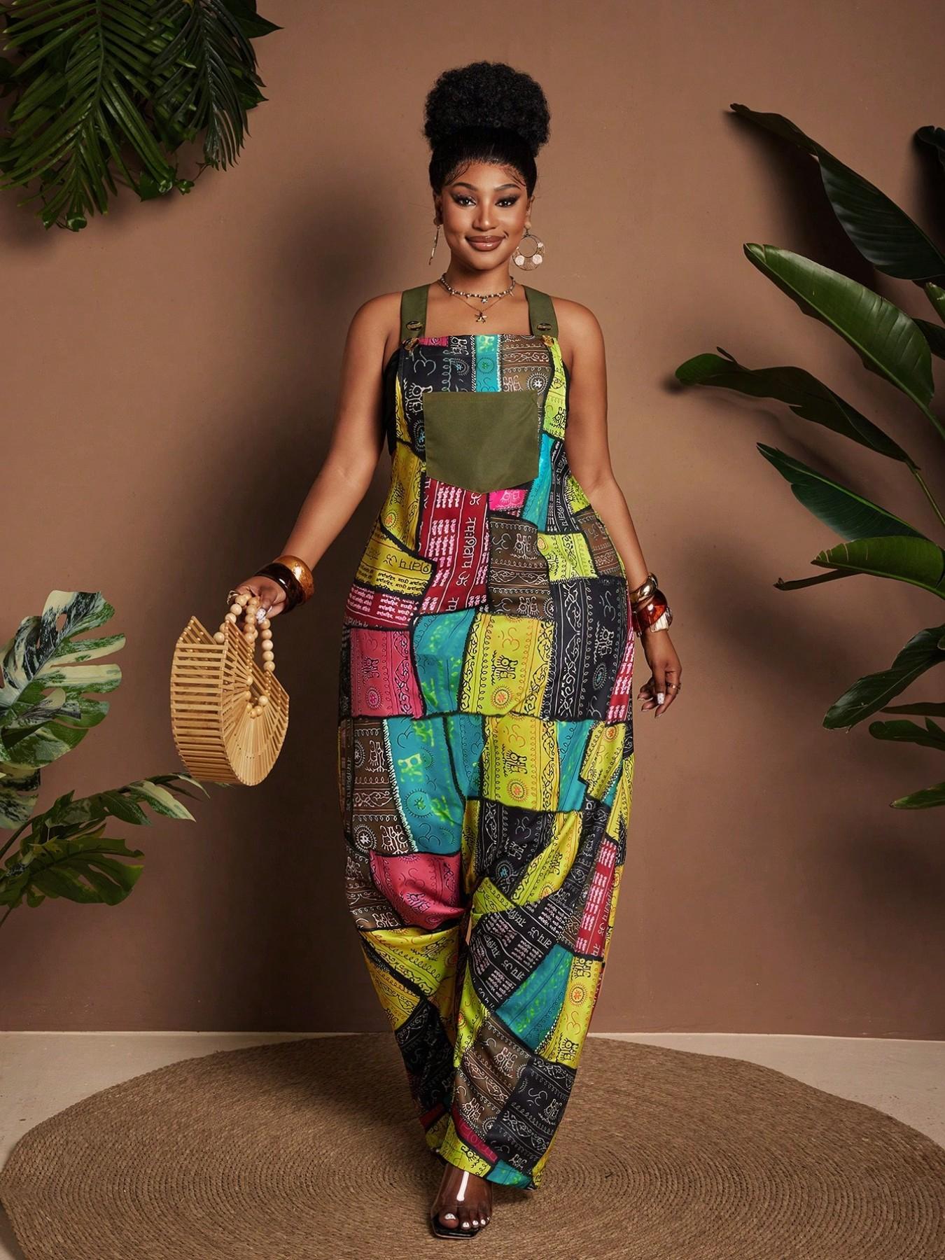 Women's Patch Printed Jumpsuit, Loose Wide Leg Workwear, Bohemian Fashion Style, Ideal for Vacations, Beach Trips, Music Festivals
