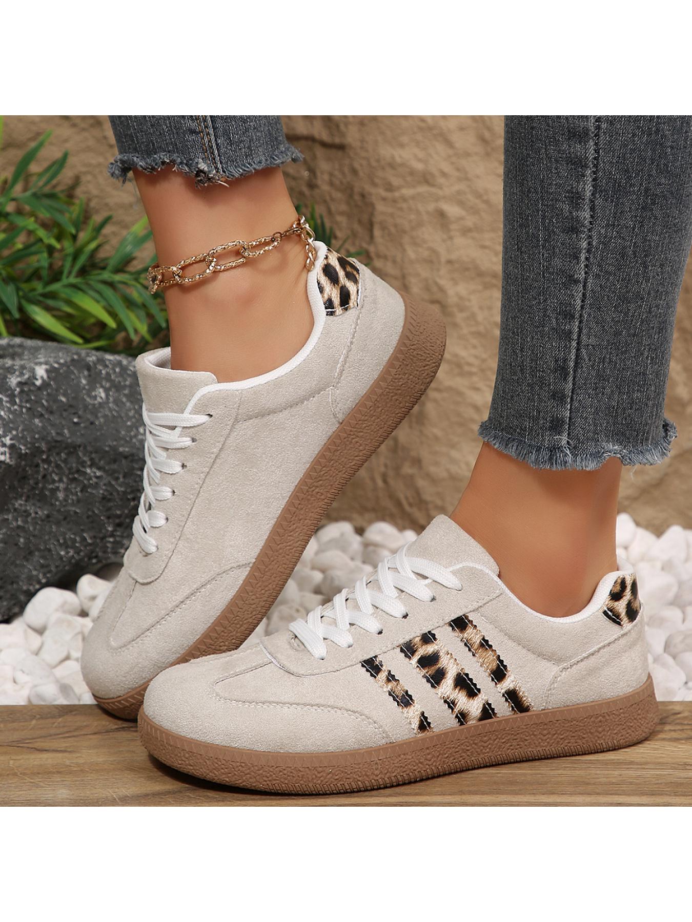 Women's 2.5cm Platform Leopard Print Sneakers, Black/Beige, Retro 3-Stripe Casual Shoes