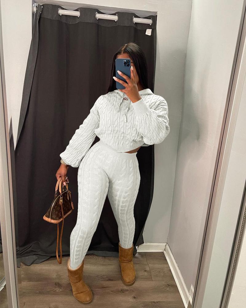 USBoutique Chic Two-piece Set Women's Solid Drop Shoulder Cable Knit Crop Sweater & High Waist Pants. Casual Fashion Cozy Plush Outfits for Daily Outdoor Wear, Women Clothes for Fall & Winter, Fall Outfits. Green Hoodie Girl, Drop Shoulder Sweater