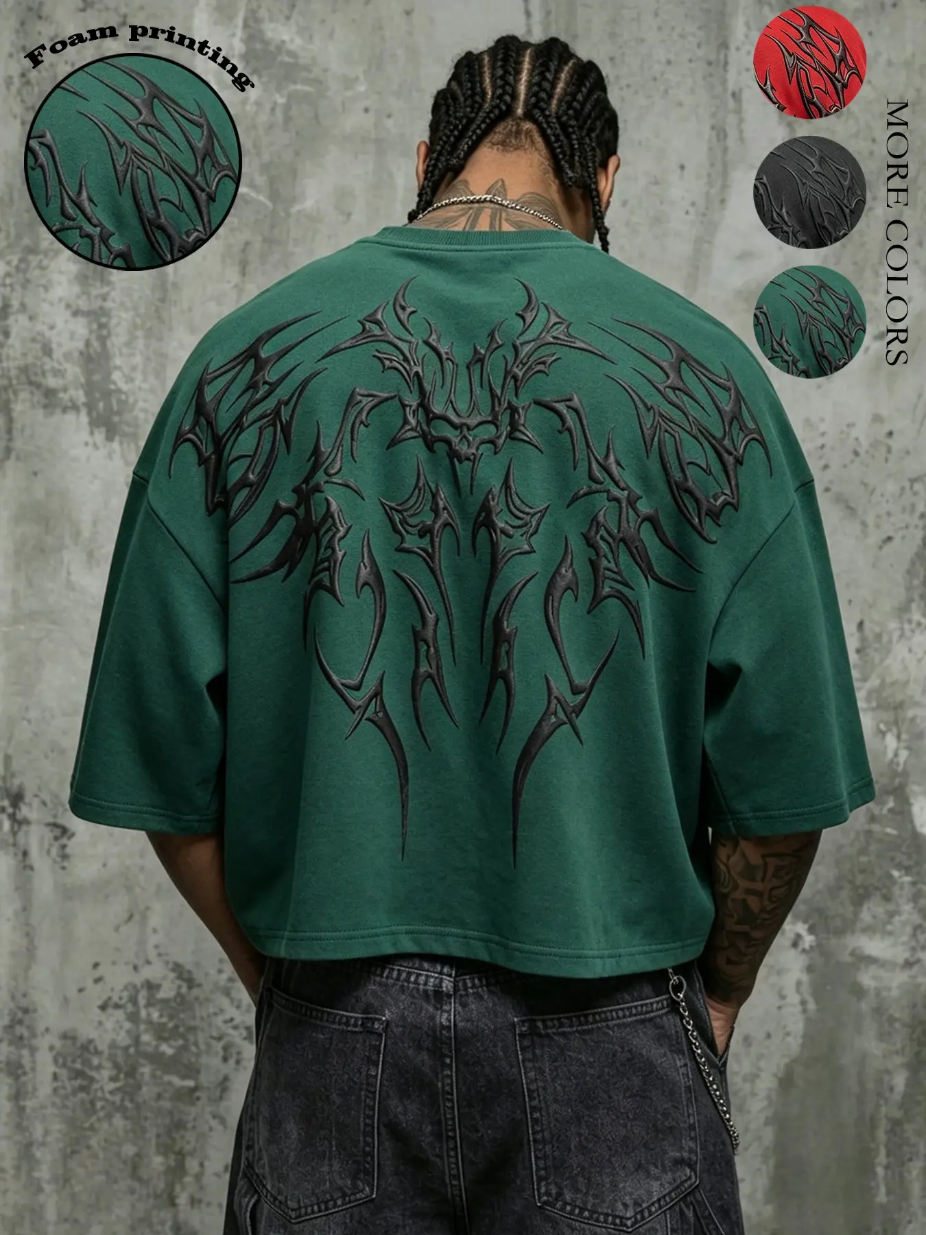 Unisex Summer Dark Green Back Thorn Skull Foam Print Cropped T-Shirt, Graphic Tee Top, American High Street Oversized Loose Crew Neck Short Sleeve Top