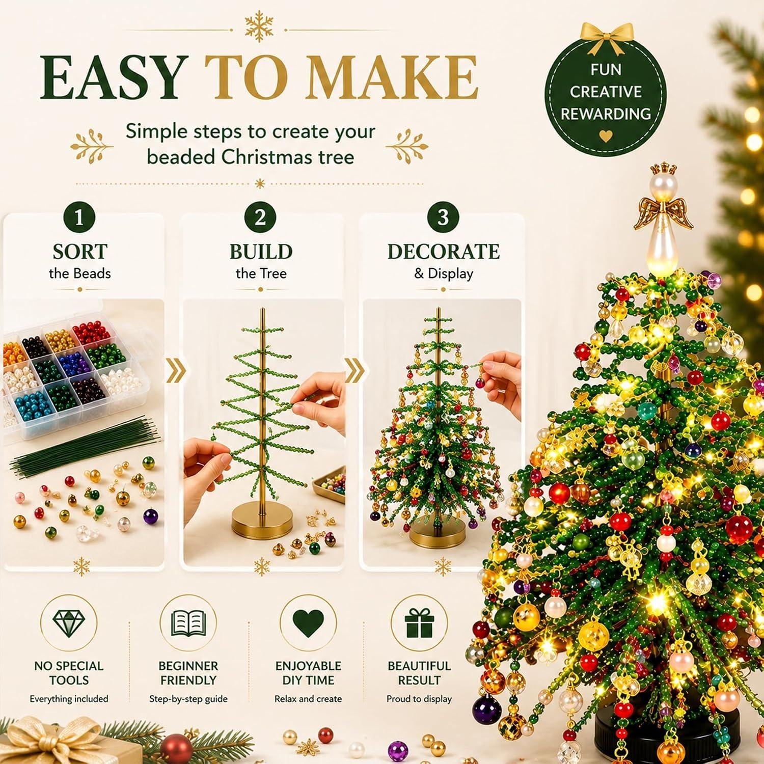 Mini Beaded Desktop Christmas Tree Craft Kit with Colorful Pearls, DIY Small Christmas Tree Decor, Home Office Holiday Centerpiece