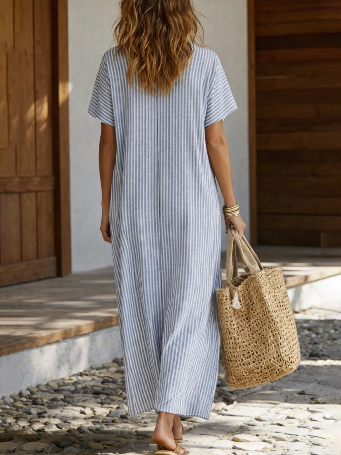 Plus Size Women's Solid Striped V Neck Short Sleeve Long Dress, Summer Casual Loose Beach Sundress, Comfortable and Stylish, Womenswear