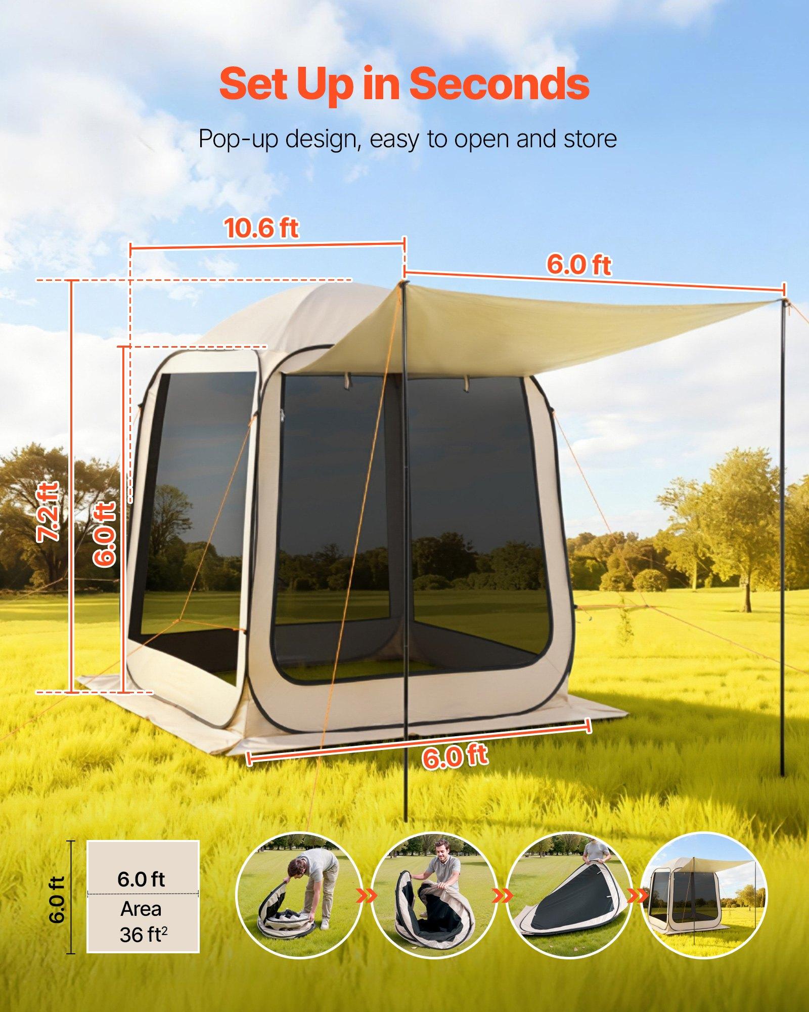 VEVOR Screen House Tent, 6 x 6 ft, 4-6 Person Pop Up Screen Tent with Extended Awning, Portable Screened in Canopy with Carry Bag, Netting Sides, for Patio, Backyard, and Outdoor Activities, Beige VEVOR Screen House Tent, 6 x 6 ft, 4-6 Person Pop Up Screen Tent with Extended Awning, Portable Screened in Canopy with Carry Bag, Netting Sides, for Patio, Backyard, and Outdoor Activities, Beige