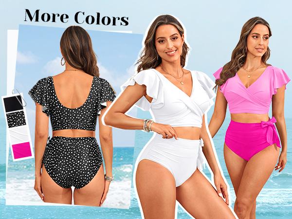 Aqua Eve Ruffle Bikini High Waisted Swimsuit - Women Two Piece Bathing Suit Tummy Control Bikini Set