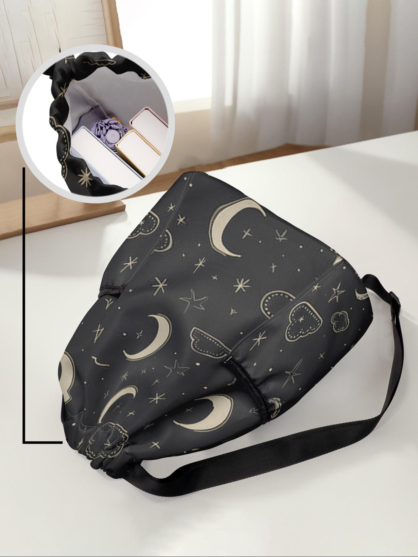 Star Moon Print Drawstring Backpack, Large Capacity Durable Fitness Bag, Casual Sports Bag, Adjustable Shoulder Straps, Sports Beach Bag for Men & Women