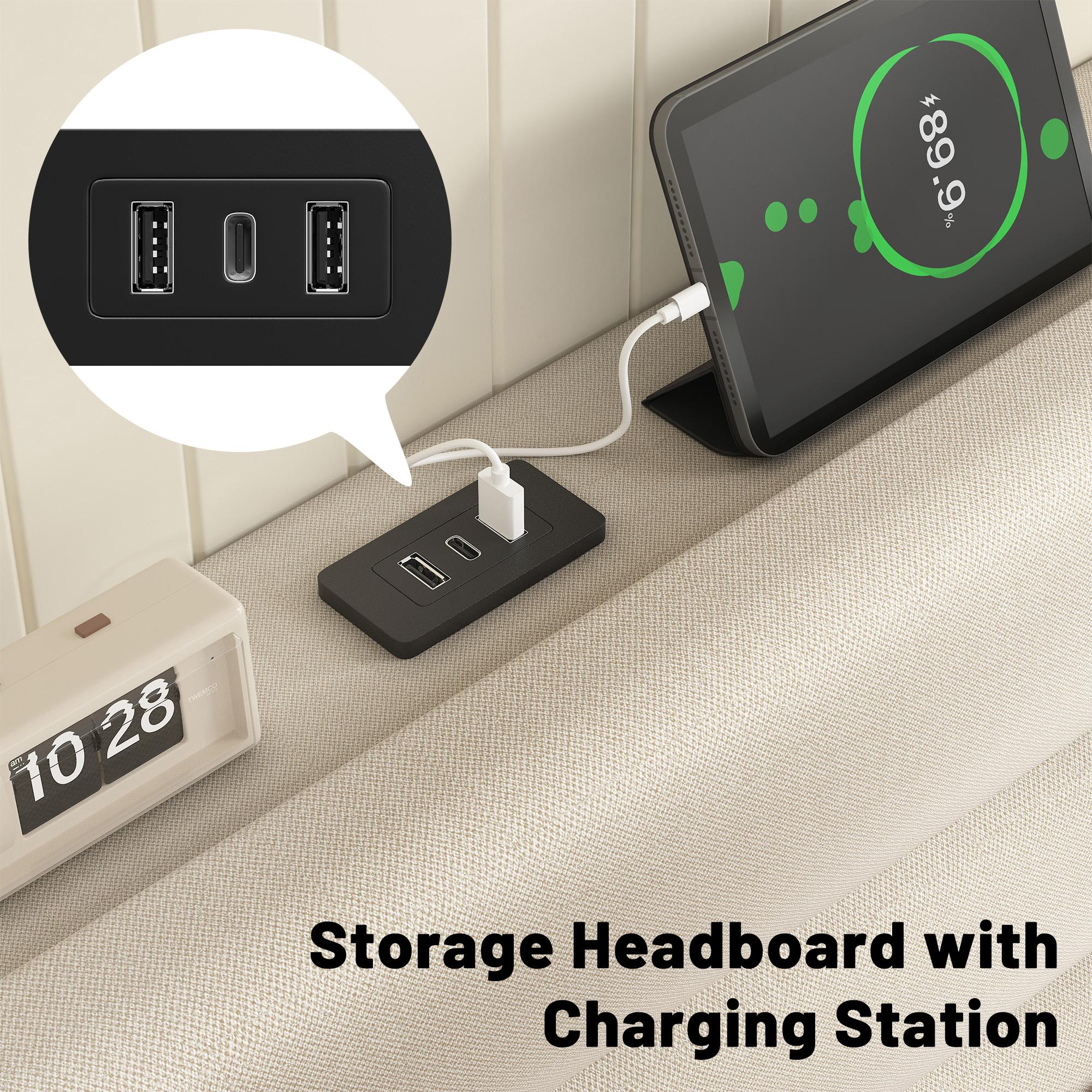 【JumpStar Sale】Raybee Quiet Luxury Upholstered Bed Frames for Queen with Headboard & Charging Station, No Mattress,Bed Frame with Storage Shelf, Flatform Bed Frame Holds 880LBS, No Noise, No Box Spring Needed, Twin, Full,King, Beige, Gray