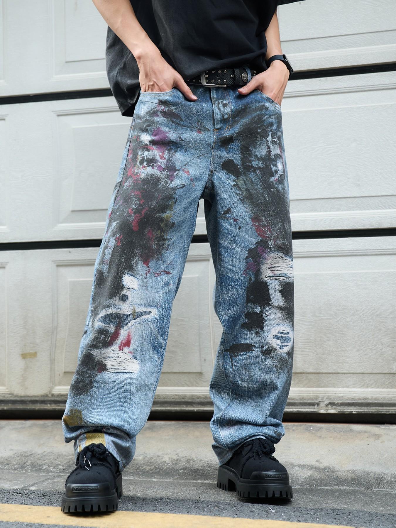 Men's 3D Printed Jeans Y2K Graffiti Denim Jeans, Loose Fit Wide Leg Vintage Washed Jeans, All Seasons Streetwear