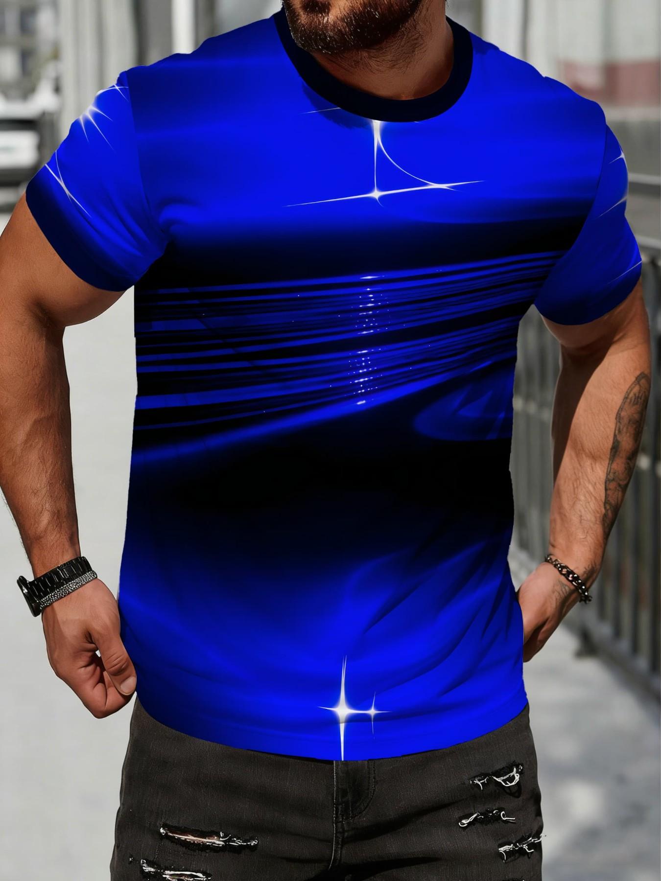 Unisex Casual Short Sleeve T-Shirt, Gradient Blue Print, Summer Streetwear, Breathable Quick-Dry Fabric, Comfortable Fit, Trendy H-Type Design