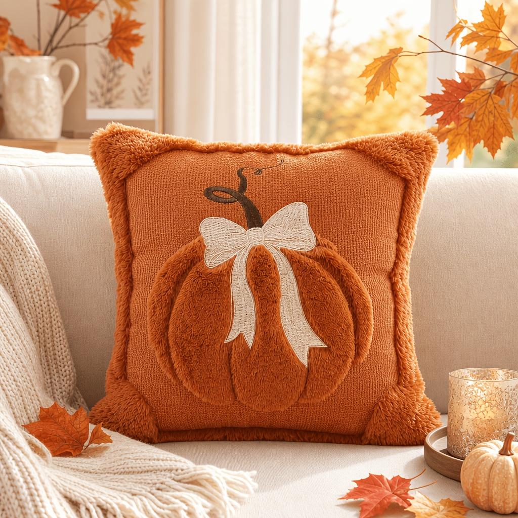 2-Pack 3D Jacquard Pumpkin Pillow Covers – 18x18 Inch Fall Throw Pillow Covers with Bow for Thanksgiving & Farmhouse Decor (Covers Only)