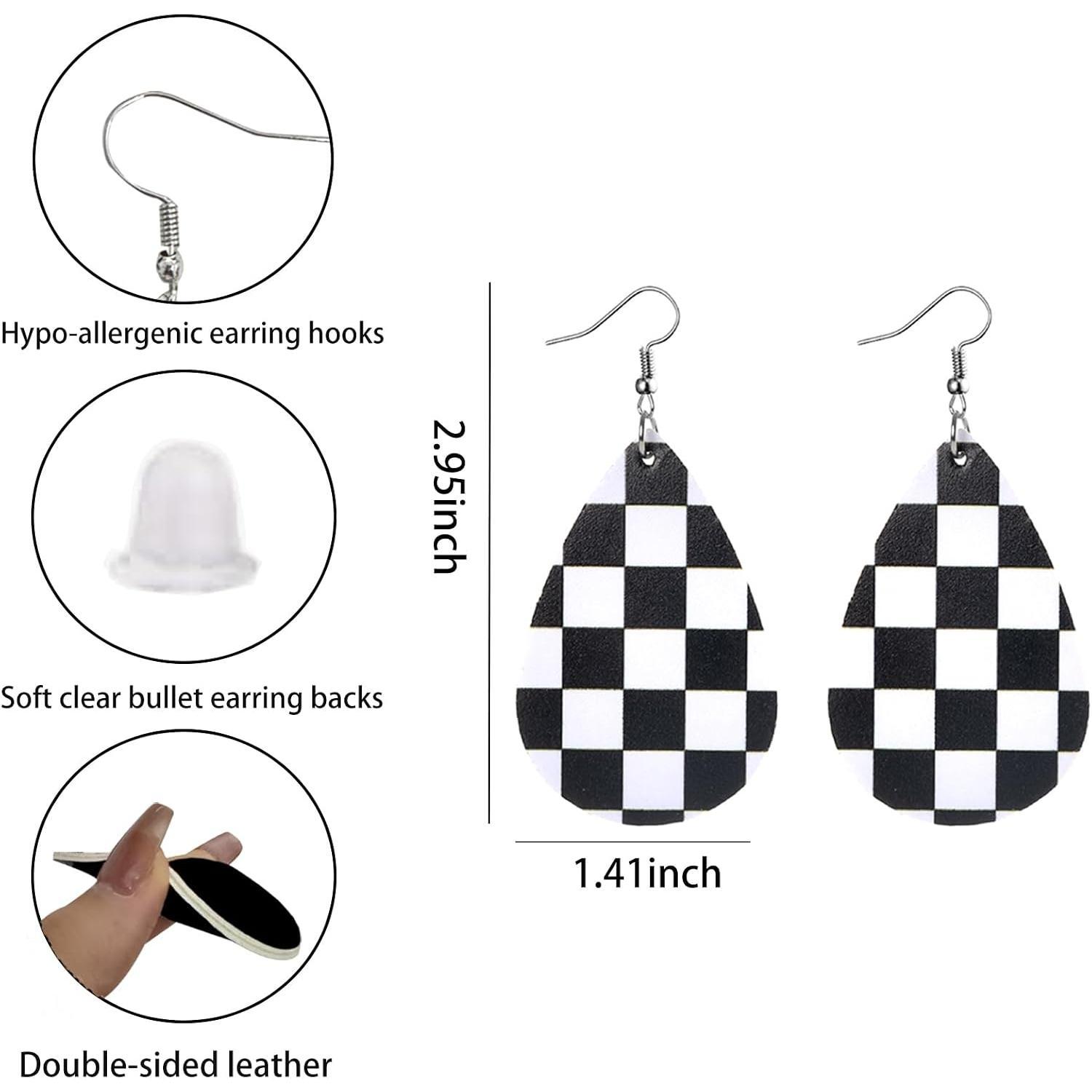 Checkerboard Earrings for Women Checkered Chess Board Flag Leather Teardrop Cute Accessories Dangle Lightweight Funny Gifts