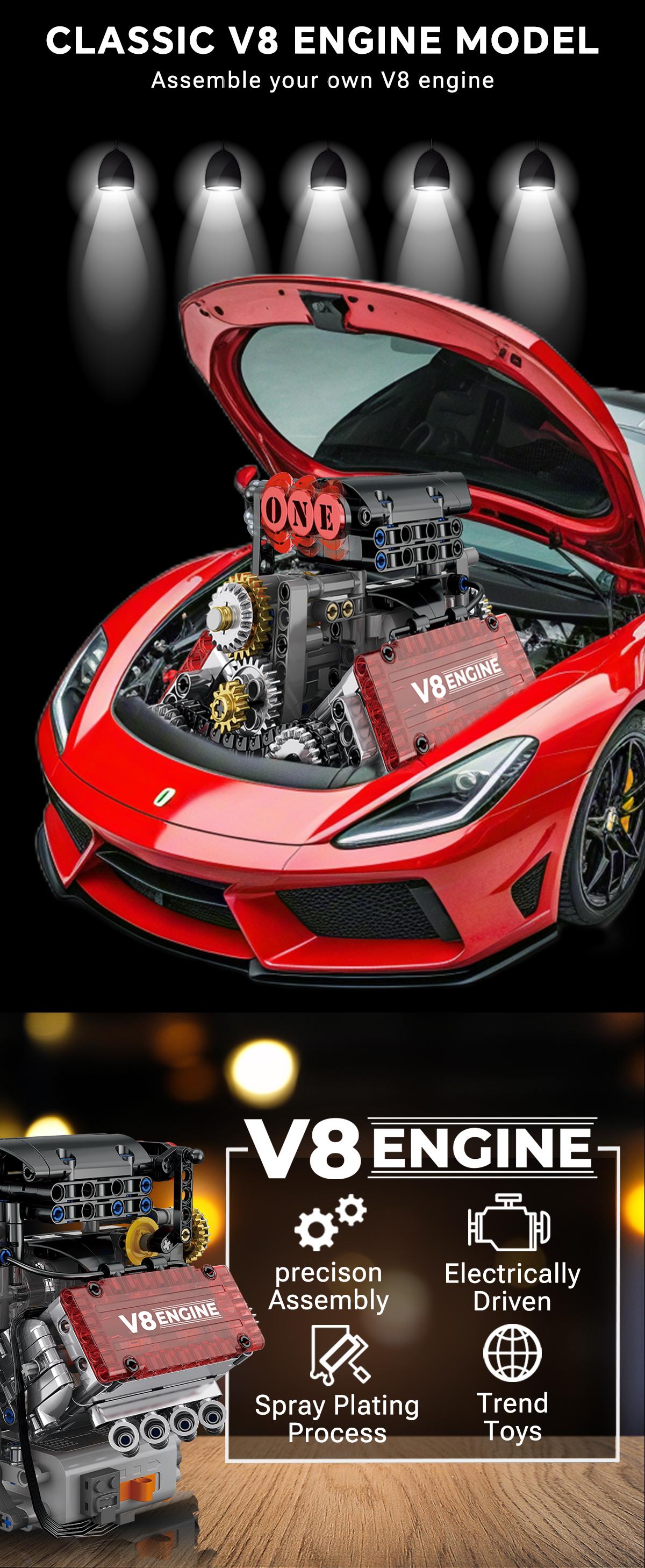 Super Car V8 Engine Building Block Set, Detailed Simulation Car Engine Model Display Piece, Multi-Link Realistic Design, Durable Abs Material, Model Car Kit