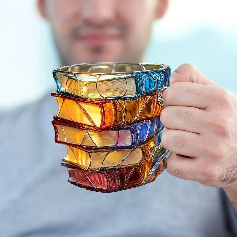 Creative Stacked Painted Book Cup Mug Display Piece, High-End Desktop Resin Coffee Cup Craft, Unique Books Cup Decor