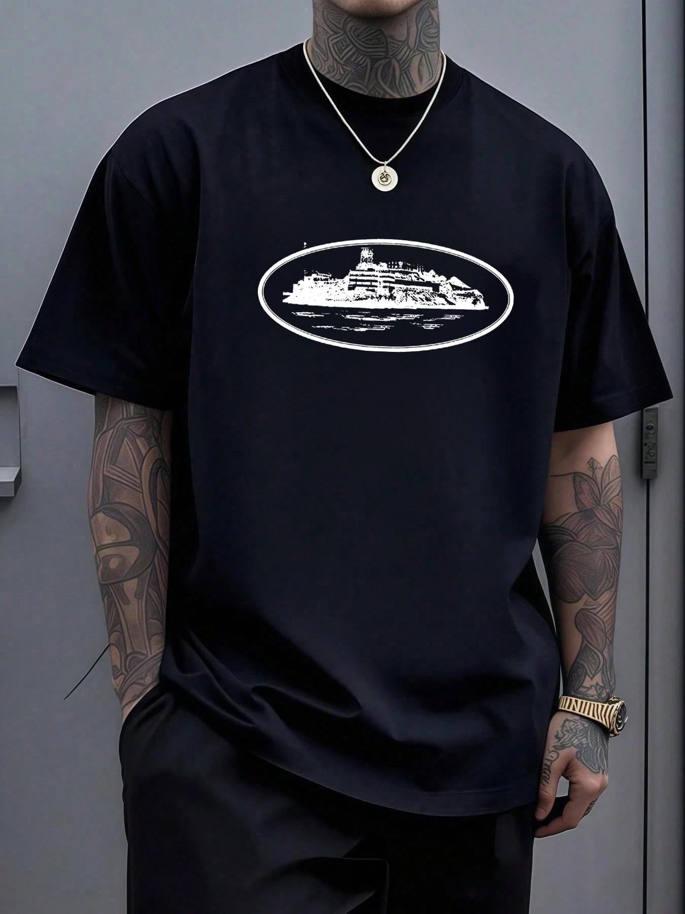 Men's Casual Geometric Print Long Sleeve T-Shirt, Fitted H-Type Summer Streetwear, Quick-Dry Sporty Top, Trendy Fashion Apparel