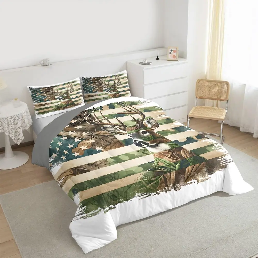 2/3pcs Deer Hunting Camo Print Comforter Set (Including 1 Quilted Quilt, 1/2 Pillowcase), American Flag Pattern Bedding Set, Vibrant Digital Printed Bedroom Decor, Soft and Lightweight for All Seasons, Home Quilt Set