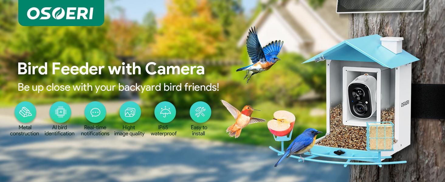 Osoeri Bird Feeder with Camera, Smart Bird Feeder Camera with AI Identify, Metal Bird Feeder with Suet Cage & Fruit Fork, Auto Capture Bird Videos & Motion Detection, Ideal Gift for Bird Lovers Osoeri Bird Feeder with Camera, Smart Bird Feeder Camera with AI Identify, Metal Bird Feeder with Suet Cage & Fruit Fork, Auto Capture Bird Videos & Motion Detection, Ideal Gift for Bird Lovers