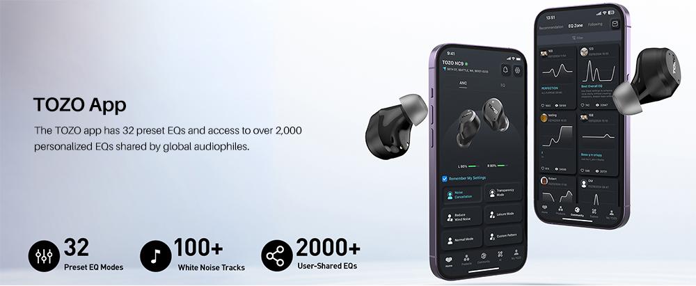 TOZO 2024NC9 Hybrid Active Noise Cancelling Wireless Earbuds ENC IPX8 Waterproof Bluetooth 5.3 Headphones Stereo Bass Heasets Headsets Audio headphones  audifonos traveling gadgets Electronic FathersDayGift Dark Black Microphone Charging