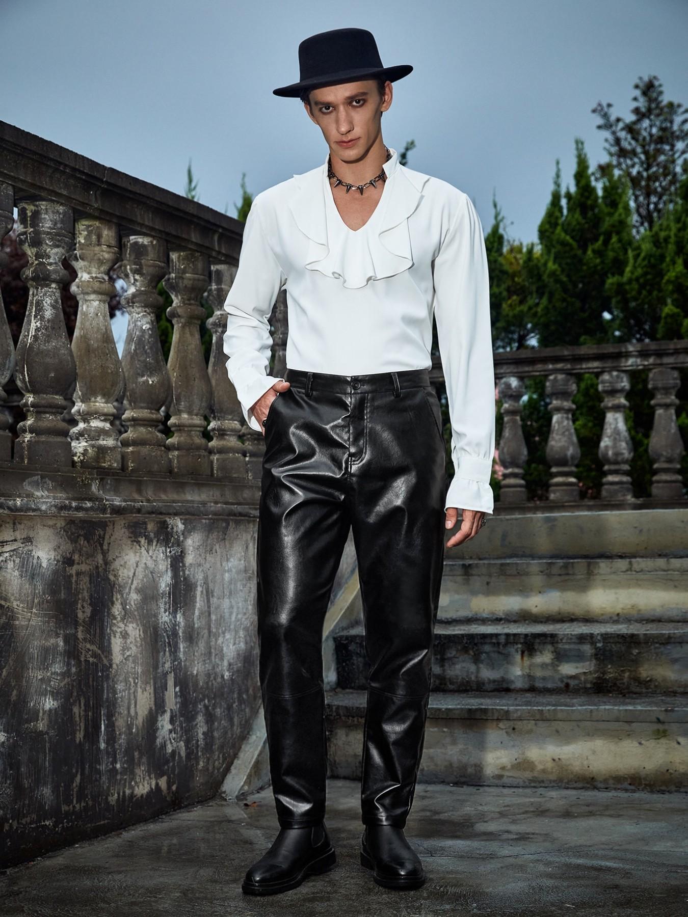 Men's Glossy PU Leather Straight Leg Pants, Motorcycle Style Streetwear Slim Fit, Fashionable Long Pants for Daily Wear
