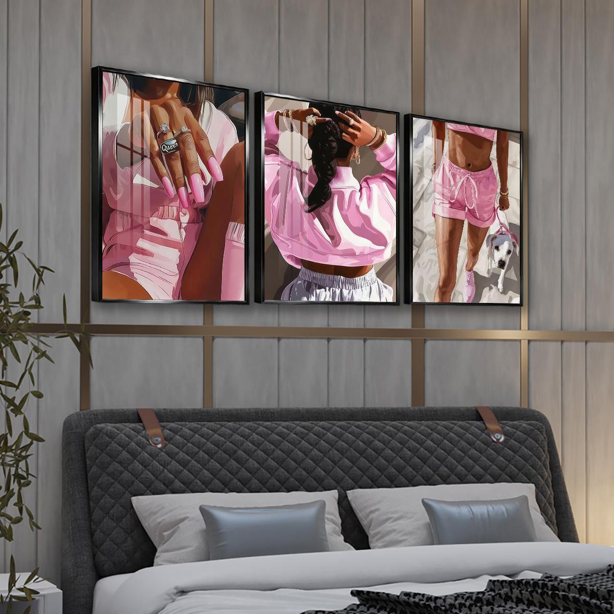 3 Counts Aluminum Alloy Framed Painting, Pink Fashion Woman With Dog And Jewelry Pictures, Home Decoration For Living Room, Bedroom, Office, Restaurant, Hallway Wall Decor, Odorless Print Artwork, Luxury Perfect Gift For Friends And Family