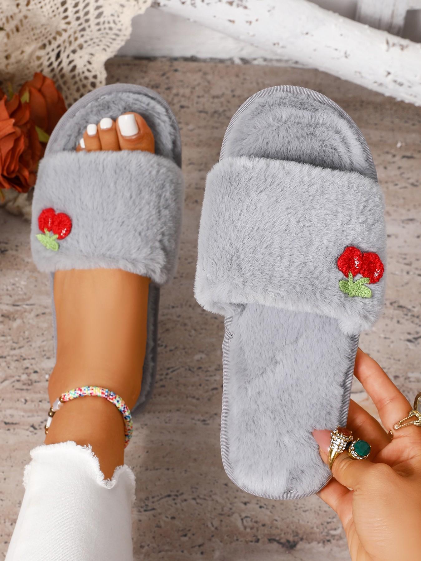 Cute Cherry Plush Casual Women's Slippers, Comfortable Indoor Warm Shoes, Fashion Home Footwear, Soft Textile Upper, Rubber Sole