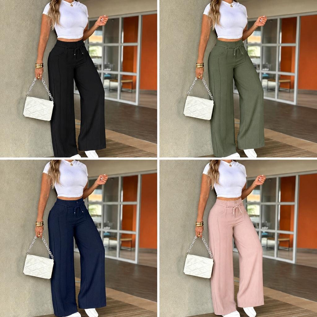 Women's Wide Leg Pants, High Waist Elastic Waist, Straight-Leg Trousers, All Seasons, Loose-Fitting, Office and Date Wear, Loose Legged Pants