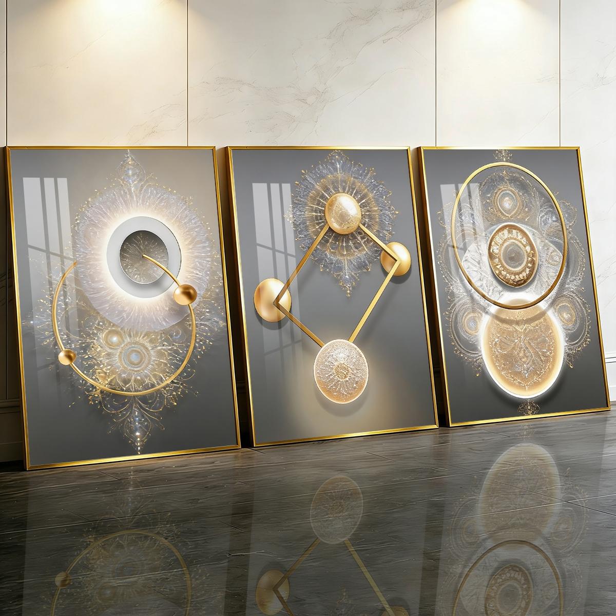 3 Counts Aluminum Alloy Framed Painting, Golden Abstract Geometry Light Art, Home Decoration For Living Room, Bedroom, Office, Restaurant, Hallway Wall Decor, Odorless Print Artwork, Luxury Perfect Gift For Friends And Family