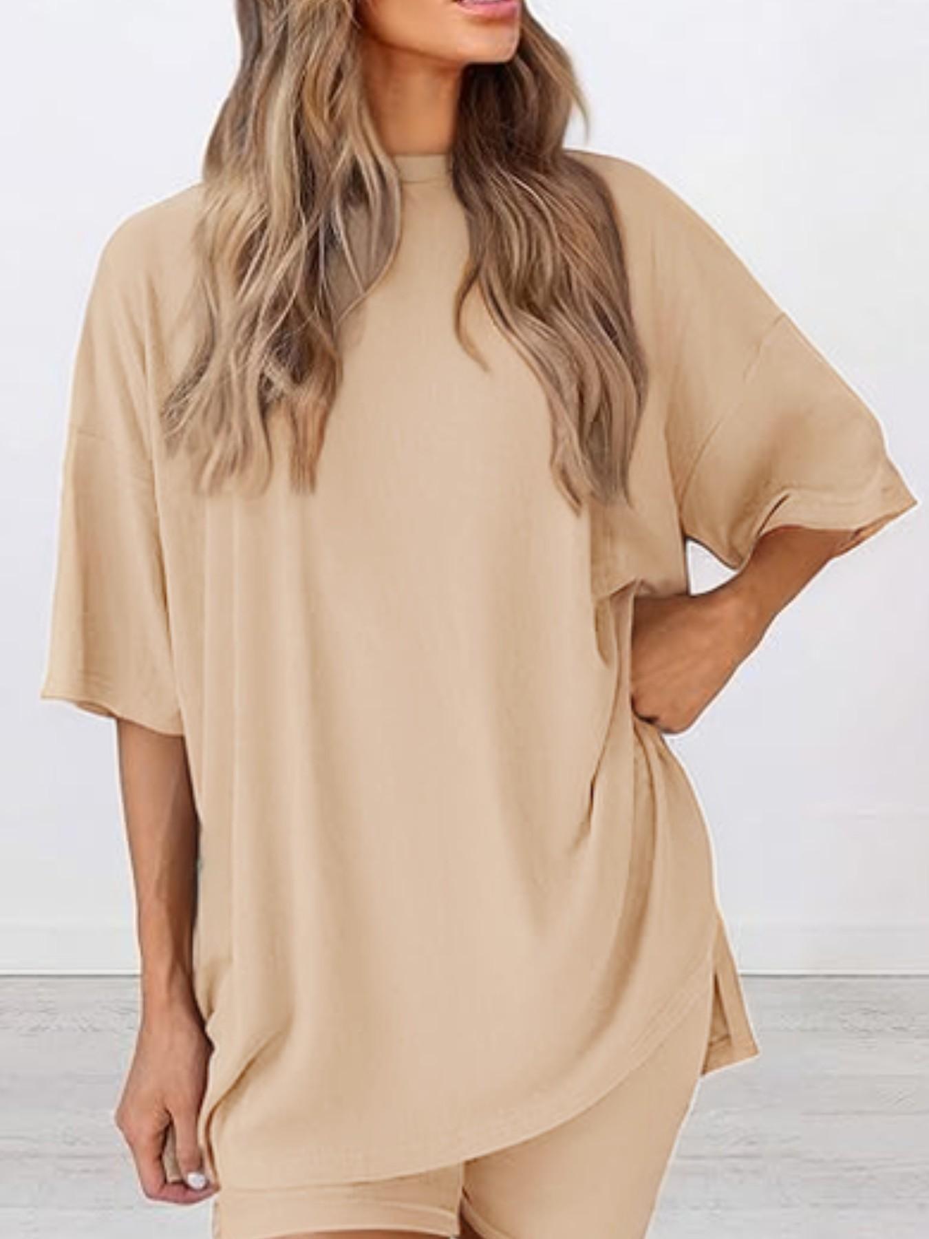 Women's Solid Color T-Shirt and Tight Shorts Set, Summer Comfort Round Neck Pajamas Loungewear, Nightwear, Pocket Design, Suitable for Outdoor Wear