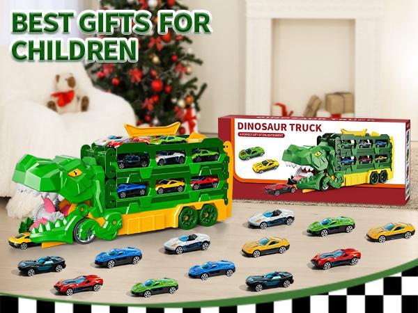 Foldable Transformable Dinosaur Truck with 10/12 Die-Cast Cars,Glide Forward,Car Track,Best Gift for Birthday/Christmas/Thanksgiving Toy Gifts