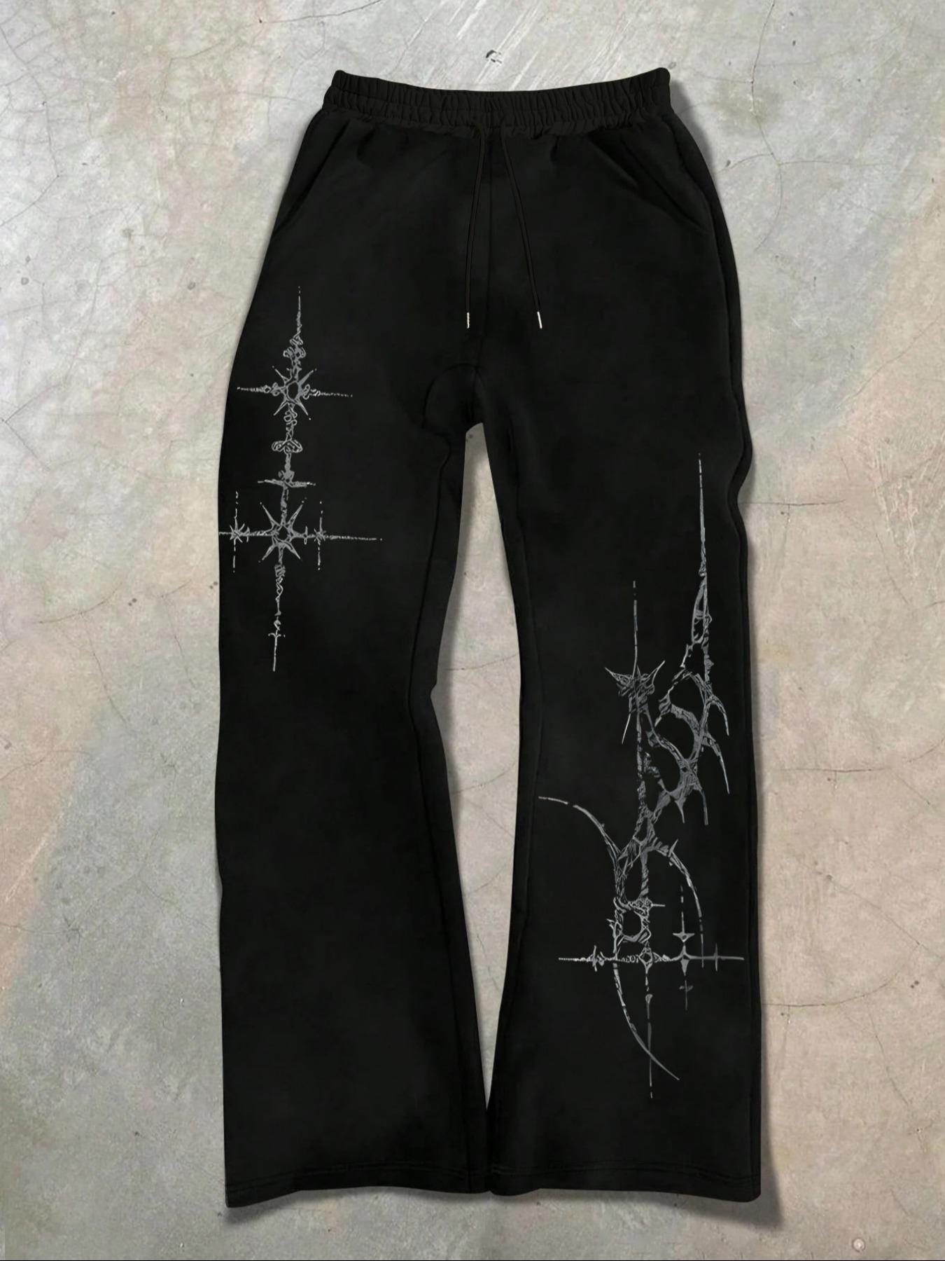 Men's Casual Sporty Wide-Leg Pants, Cross Pattern Long Sweatpants, Men's Loose-Fit Clothing for All Seasons, Drawstring Waist Baggy Pants, Athleisure Style Sweatpants, Graphic Print Sweatpants