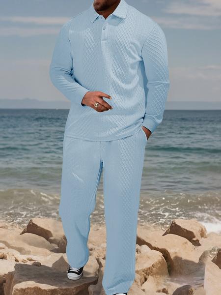 Men's Textured Long Sleeve Polo Shirt & Drawstring Pants Set, Casual Fitted Design, All-Season Wear, Comfortable Fit Men's Textured Long Sleeve Polo Shirt & Drawstring Pants Set, Casual Fitted Design, All-Season Wear, Comfortable Fit