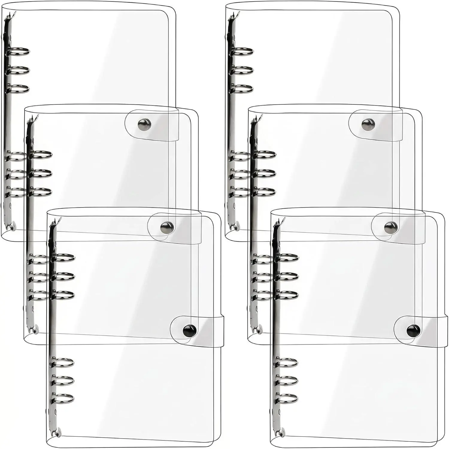 6 Pack A5 Clear PVC Binder, 6-Ring Soft Notebook Binder Transparent Loose Leaf Binding Covers, Refillable Notebook Round Ring Binder with Snap Button Closure, 9.3" x 7"