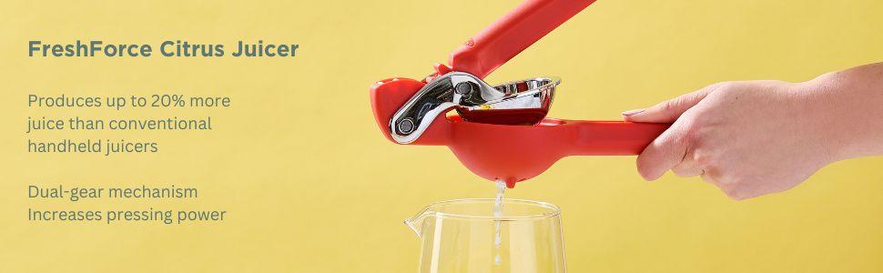 FreshForce Lemon Squeezer Citrus Juicer, Manual Hand Press with Dual-Gear for Juice Extraction,, Yellow
