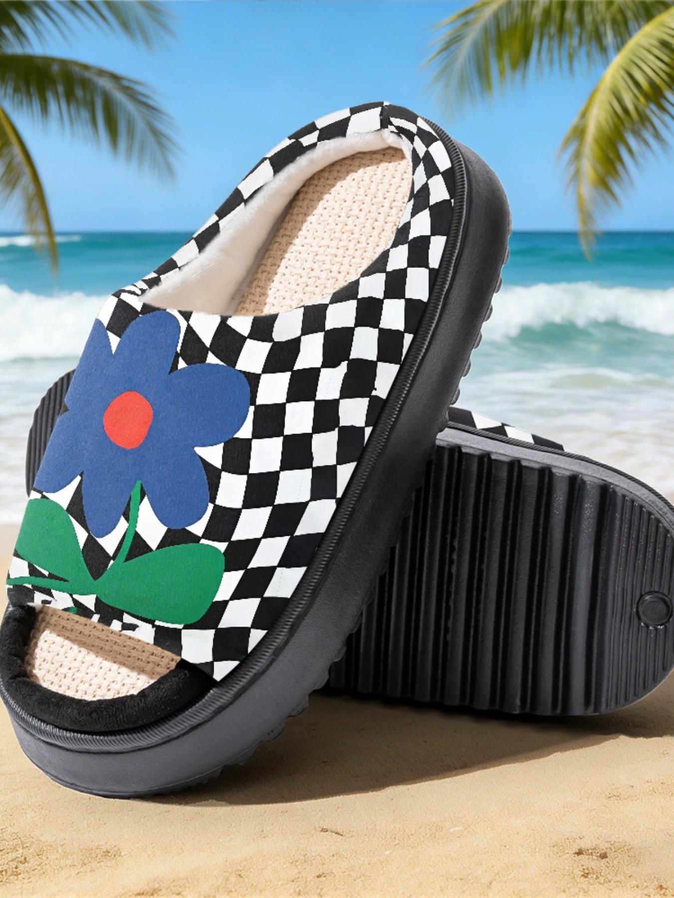 Blue Floral Unique Print Linen Open-Toe Sandals, Casual Textile Eva Sole, All-Season Less Than Ankle Height, Cartoon Pattern Design