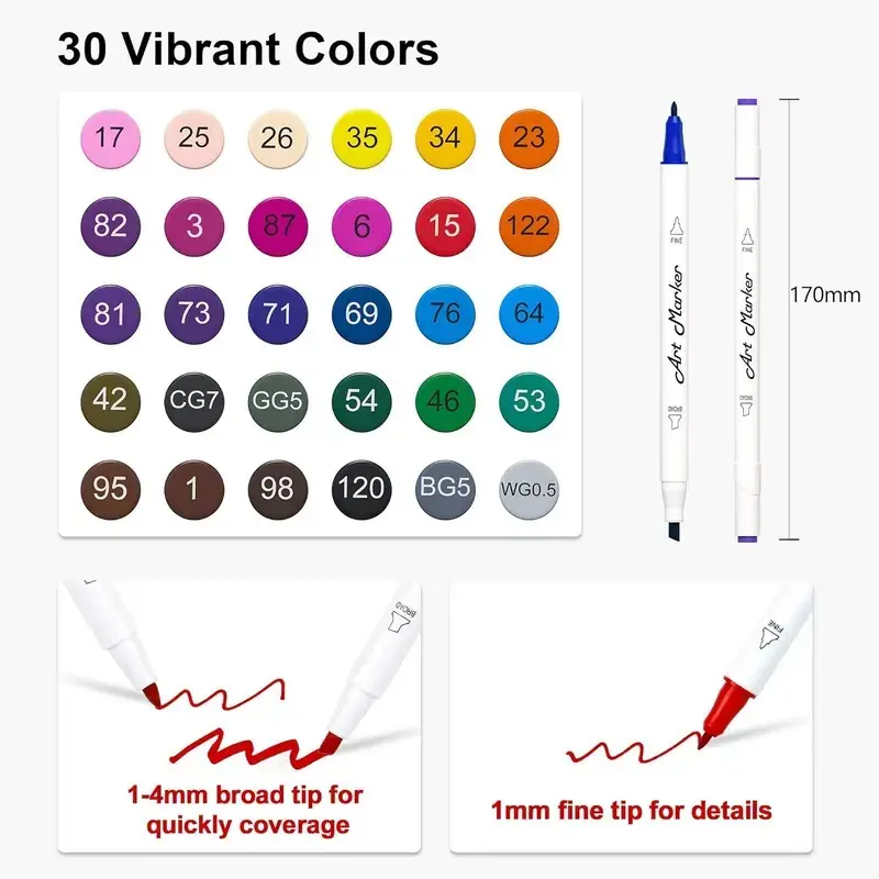 30-Color Colored Markers Drawing & Painting Supplies, Dual-Tip Marker ...
