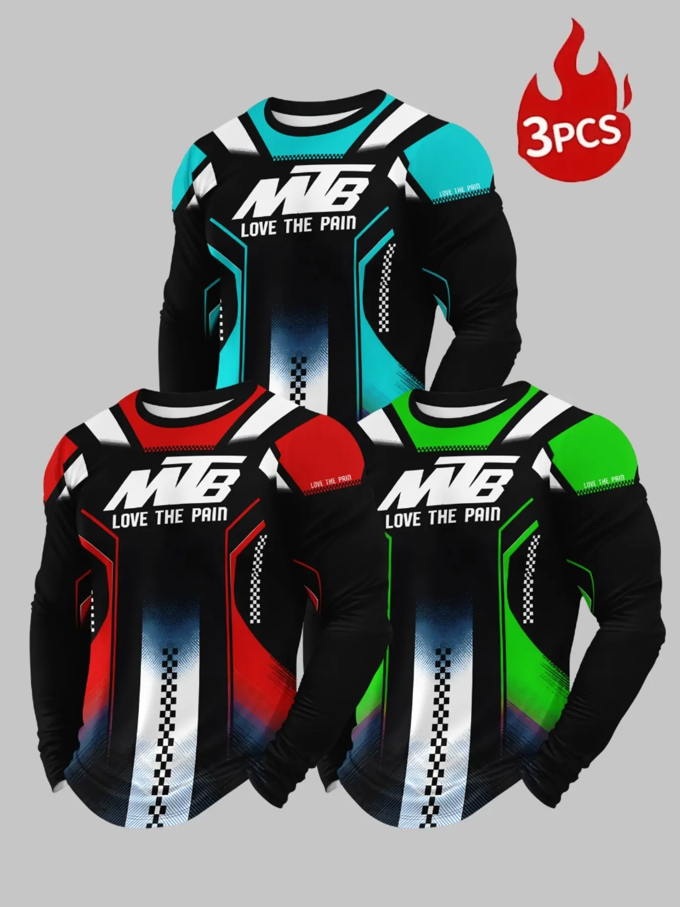 3-Pack Men's Full Print Long Sleeve Cycling Tops, Quick-Dry Mountain Bike Motorcycle Shirt, Outdoor Off-Road Sports Apparel
