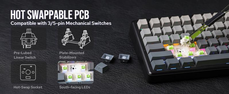 Aula F75 MAX Wireless Mechanical Keyboard with TFT Screen and Knob, Gasket Gaming Keyboard in 75% Layout, Hot Swappable, RGB Backlight, for PC/Mac/Linux (Reaper Switch)