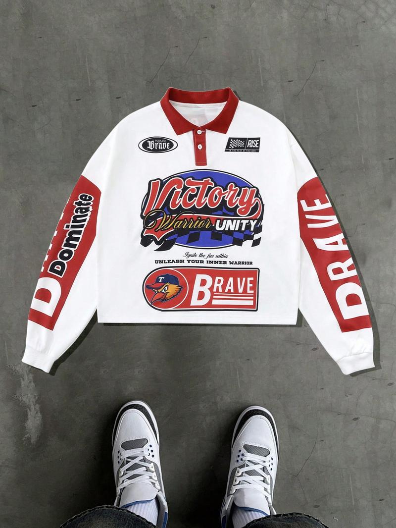 Men's Graphic & Letter Print Loose Fit Granddad Collar Polo Shirts, Sports Preppy Stylish Top For All Seasons, Men's Fall Outfits For Outdoors