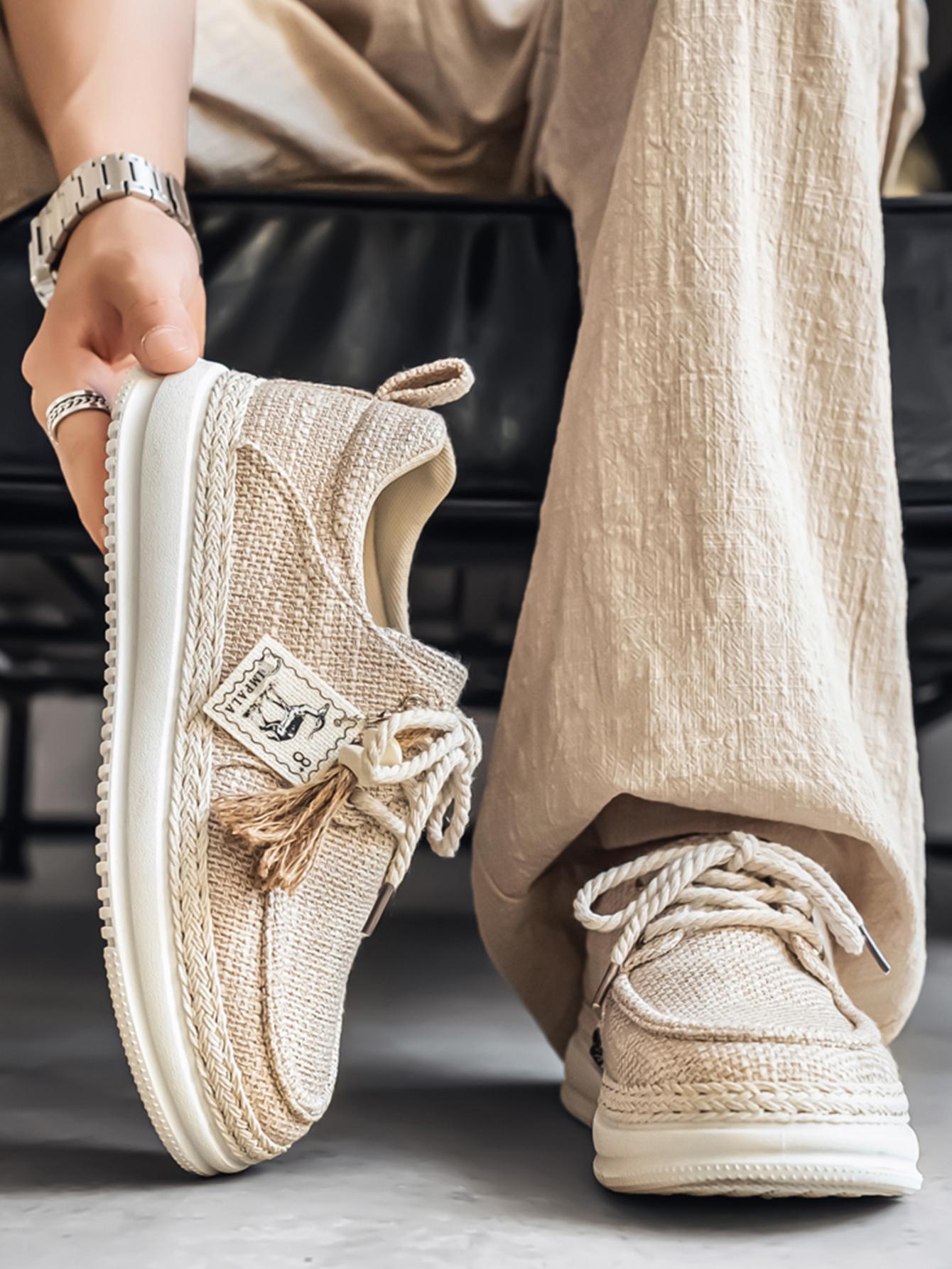 New Summer Men's Cotton Linen Shoes, Breathable Non-Stuffy, Straw Trim Fringe Design, Casual Retro Style, Perfect for Daily Wear