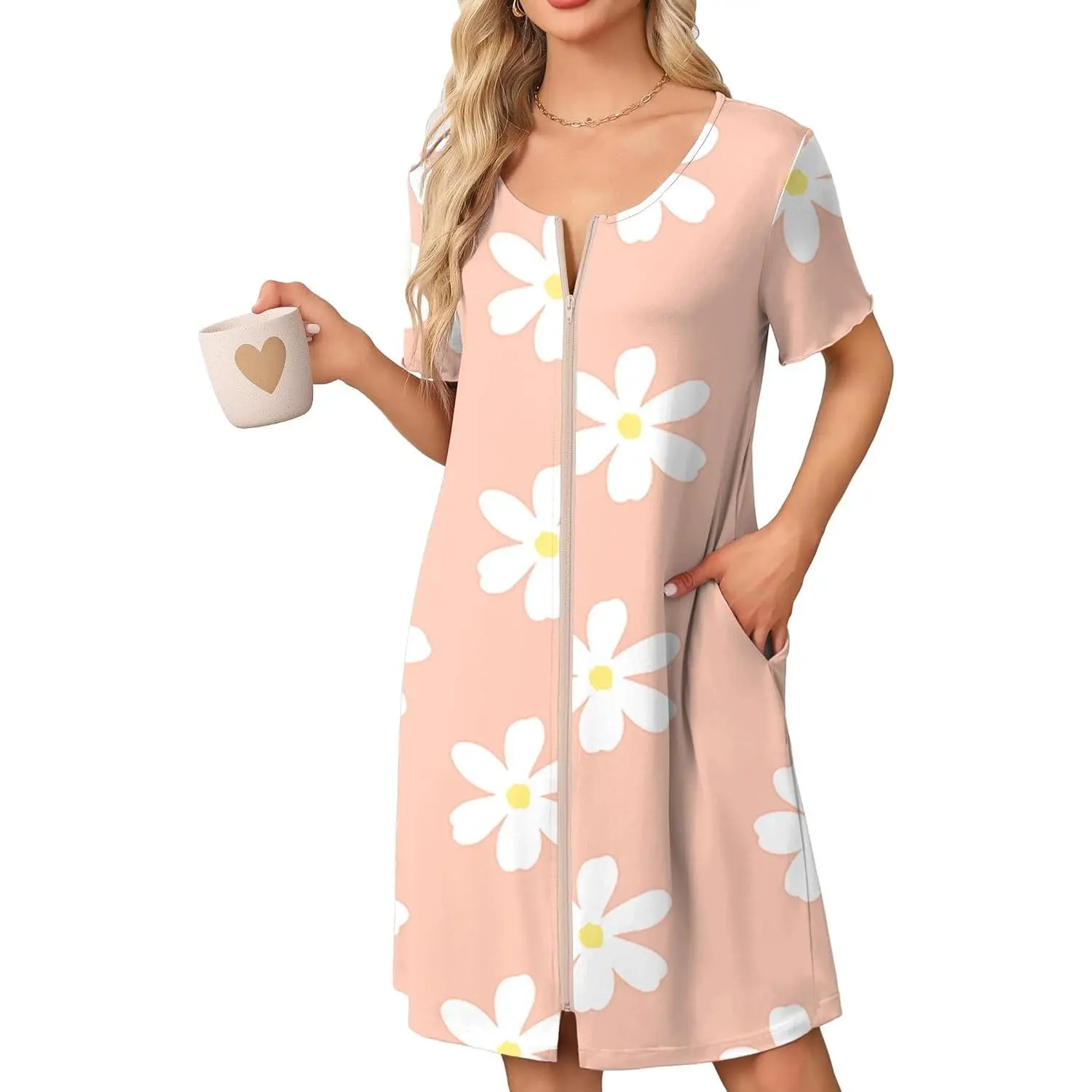 Womens' Zipper Robe Short Sleeve Bathrobes Summer Sleepwear Soft Housecoat with Pockets Zip Up House Robes S-3XL