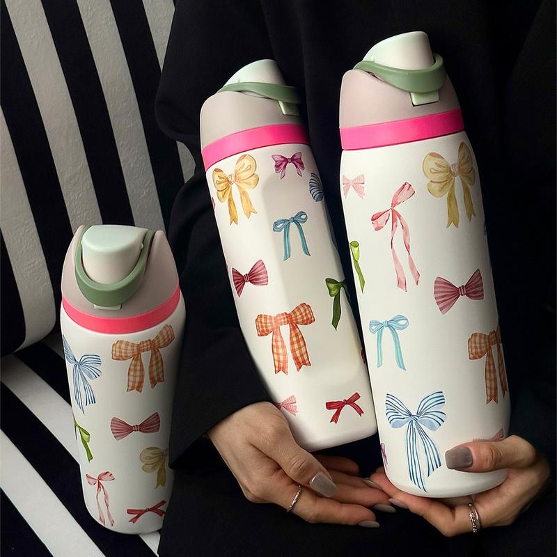 Bow Pattern Stainless Steel Vacuum Flask, Leakproof Insulated Tumbler, 1 Count Portable Insulated Water Bottle with Straw, Drinking Cup for Home Office School Outdoor Camping, Drinkware