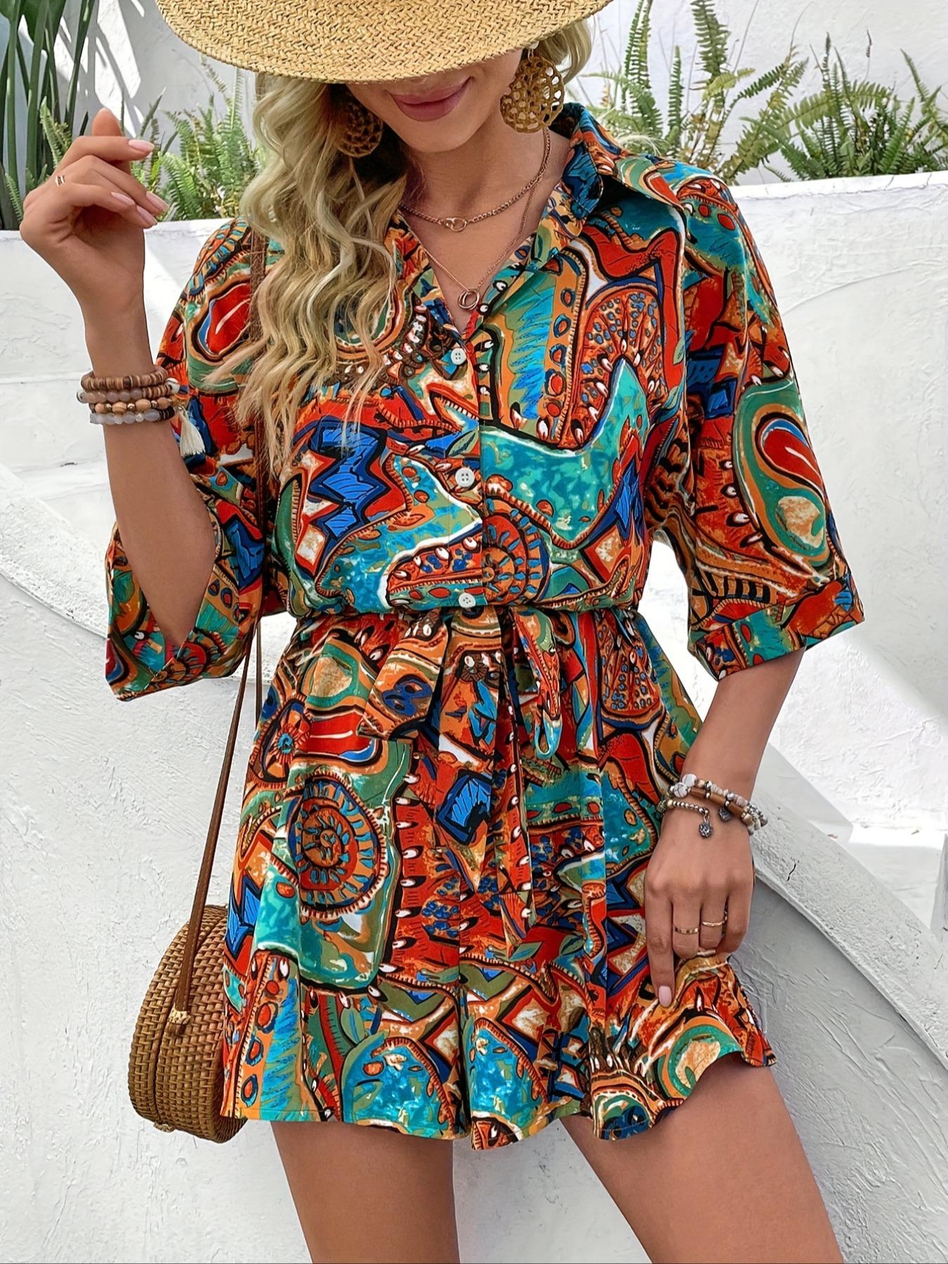 Women's All Over Print Button Front Belted Shirt Romper, Casual Batwing Sleeve Collared Playsuit for Summer, Women's Clothes for Daily Wear