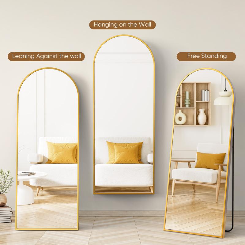 71" Full-Length Mirror with Stand - Freestanding/Wall-Mounted Floor Mirror, Shatterproof Nano Glass & Aluminum Frame, Right Angle/Rounded Corners (Gold/Black)
