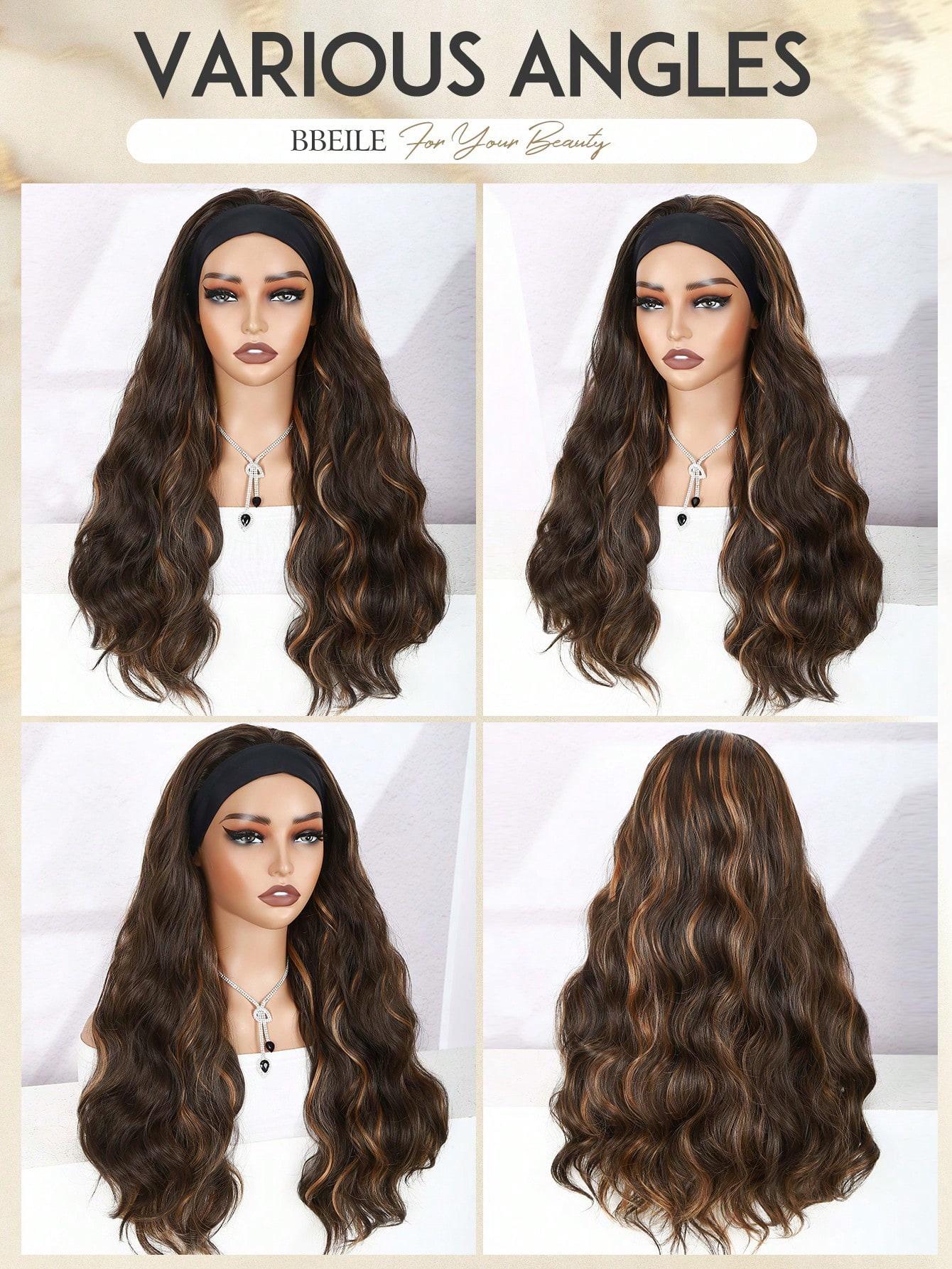 Long Wavy Headband Wig for Women, Blonde Highlight, 200% Density, Glueless, Synthetic Fiber Wigs, Party Daily Use, All Seasons