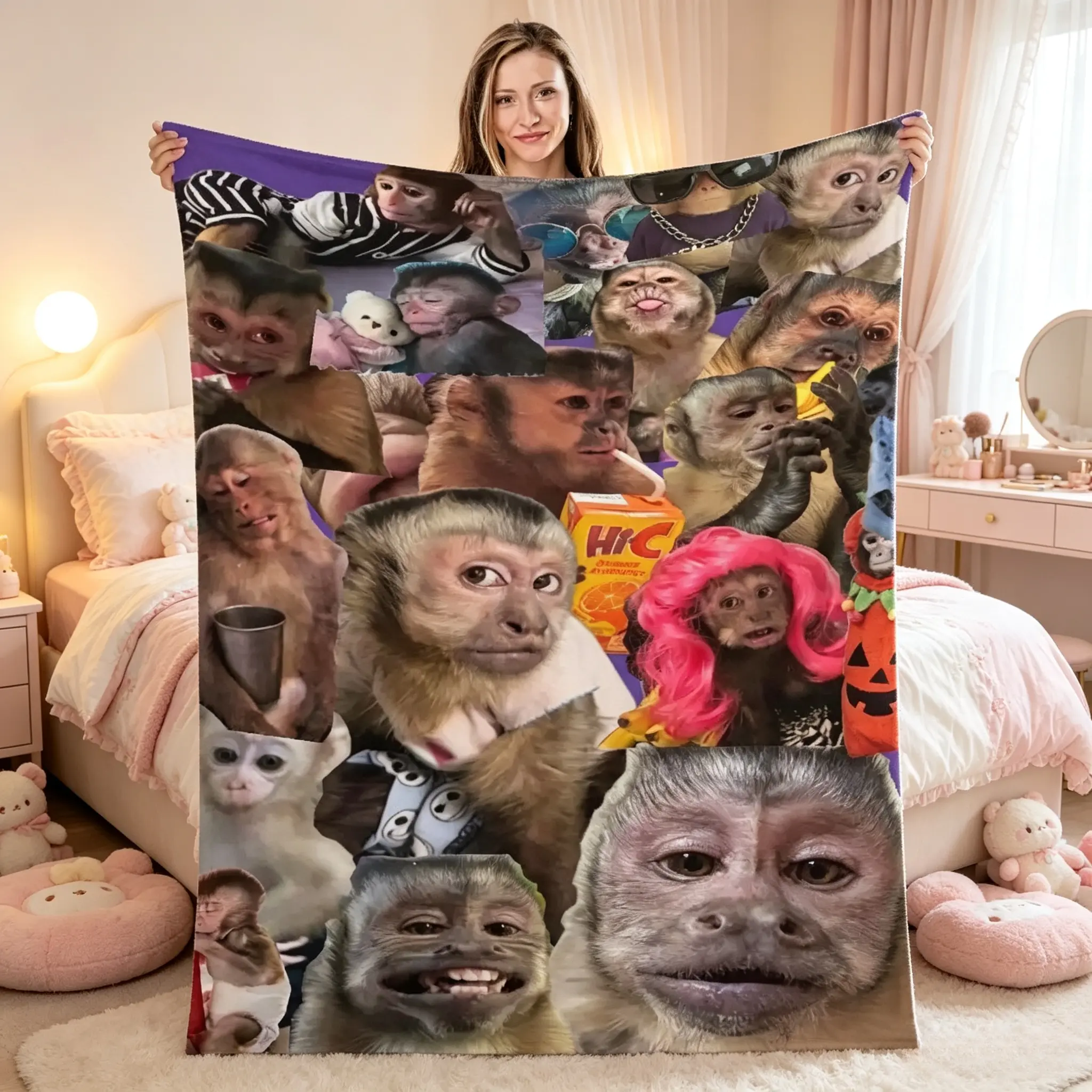 Whimsical Monkey Face Geometric Knitted Polyester Flannel Throw Blanket - Soft, Cozy, Warm, Durable, Wrinkle-Resistant, Fade-Resistant, Machine-Washable, Home Room House Decor, Camping Use, Animal Lover Gift, Room Decor, Whimsical Home Decor