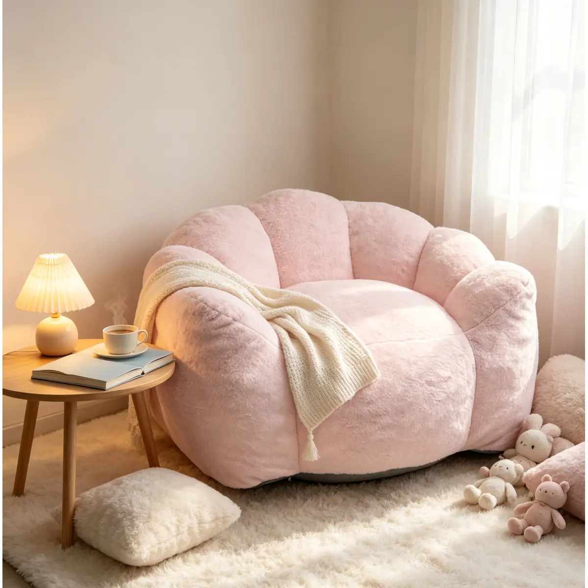 Baby‑Pink Flower‑Shaped Kids Bean Bag Chair, High‑Gram‑Weight Faux Fur Kids Sofa with Shredded Foam Filling, Soft Breathable Portable Accent Chair for Playroom Bedroom Nursery Living Room, No Assembly Required