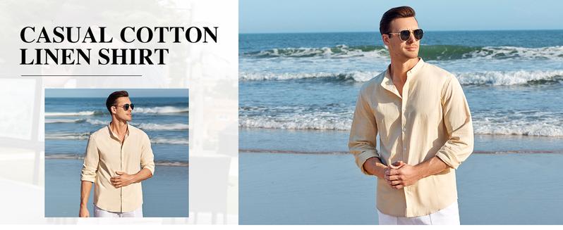 “Valentine's Day gifts” Runcati Men's Linen Shirt Button Down Long Sleeve Cotton Beach Band Collar Casual Summer Shirts