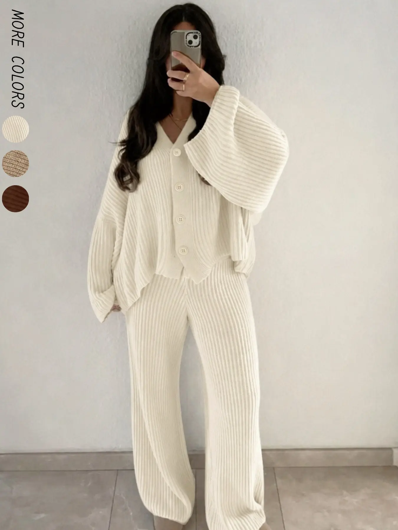 【Black Friday】Women's 2-Piece Sweater Set, V Neck Button Front Solid Color Ribbed Knit Long Sleeve Cardigan and Wide Leg Pants, Drawstring Loose Fit Elastic Waist Fall Winter Casual Fashion Stylish Soft 2 Pcs Knit Set, Women Fall Outfit