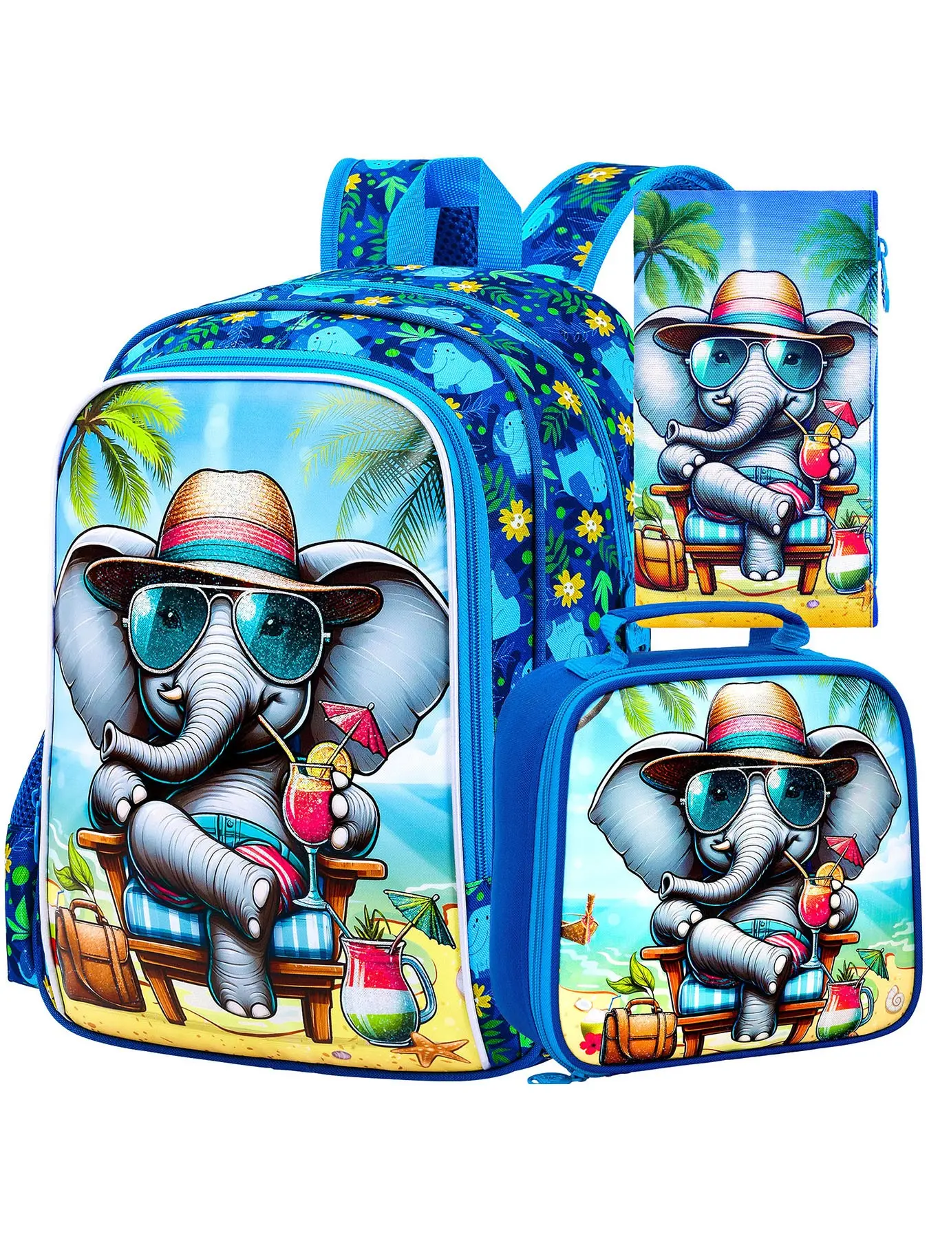 3 Piece Kids Kawaii Backpack Set, Cute Elephant with Sunglasses, Beach Palm Tree Cartoon Design, Zip Closure, School & Daily Use
