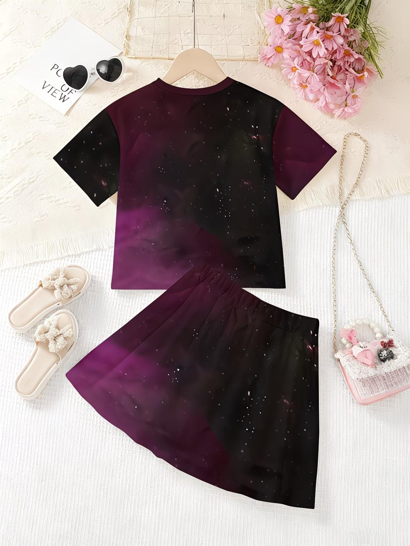 Girls' 3D Printed Gymnastics Pattern Top and Skirt Set, Casual Slim-Fitting Summer, Round Neck Short Sleeve, Daily Wear