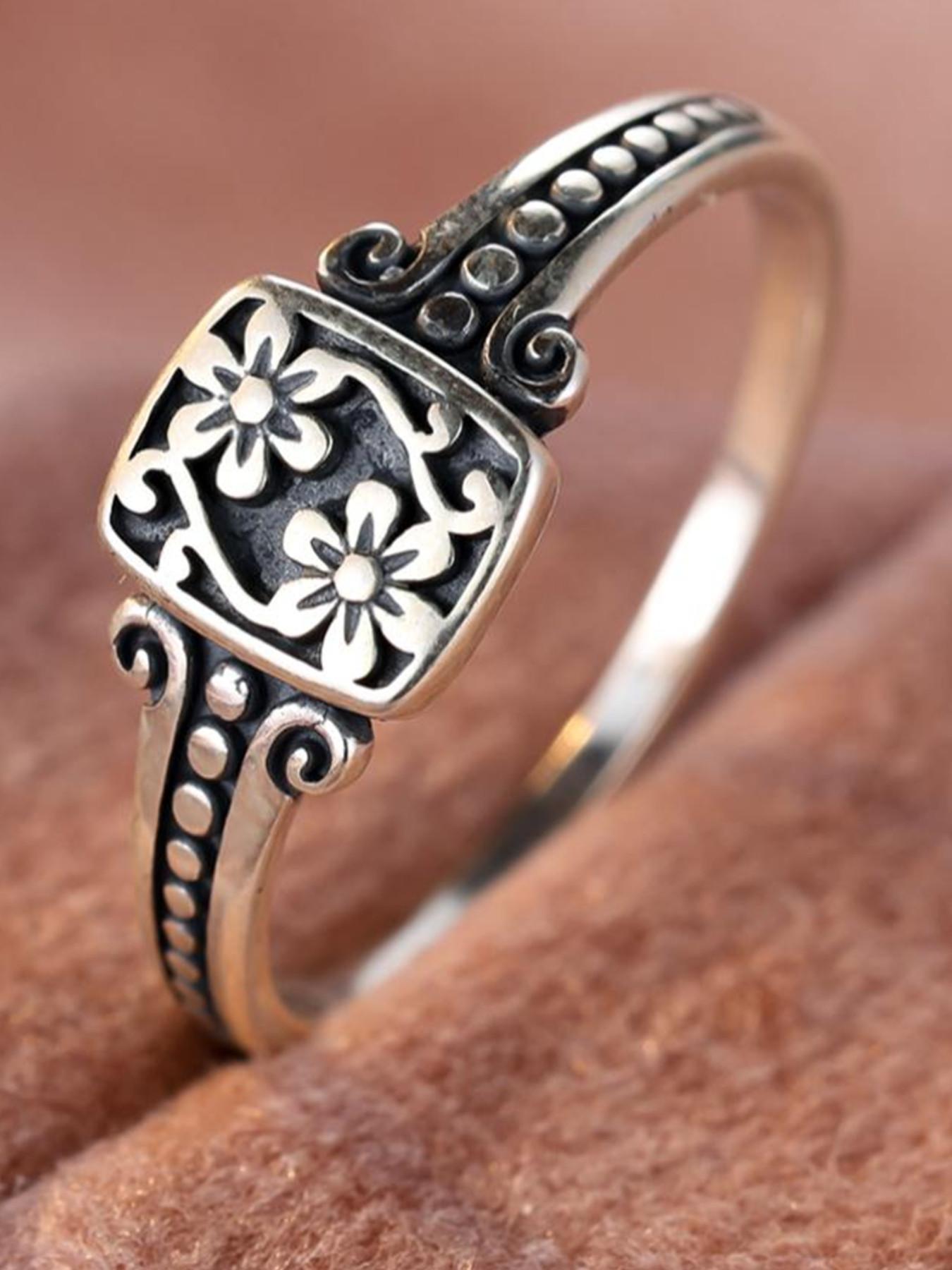 S925 Sterling Silver Vintage Flower Design Ring, Elegant Everyday Ring, Fashion Accessories for Both Men & Women, Trendy All-match & Exquisite Jewelry for Birthday Gift
