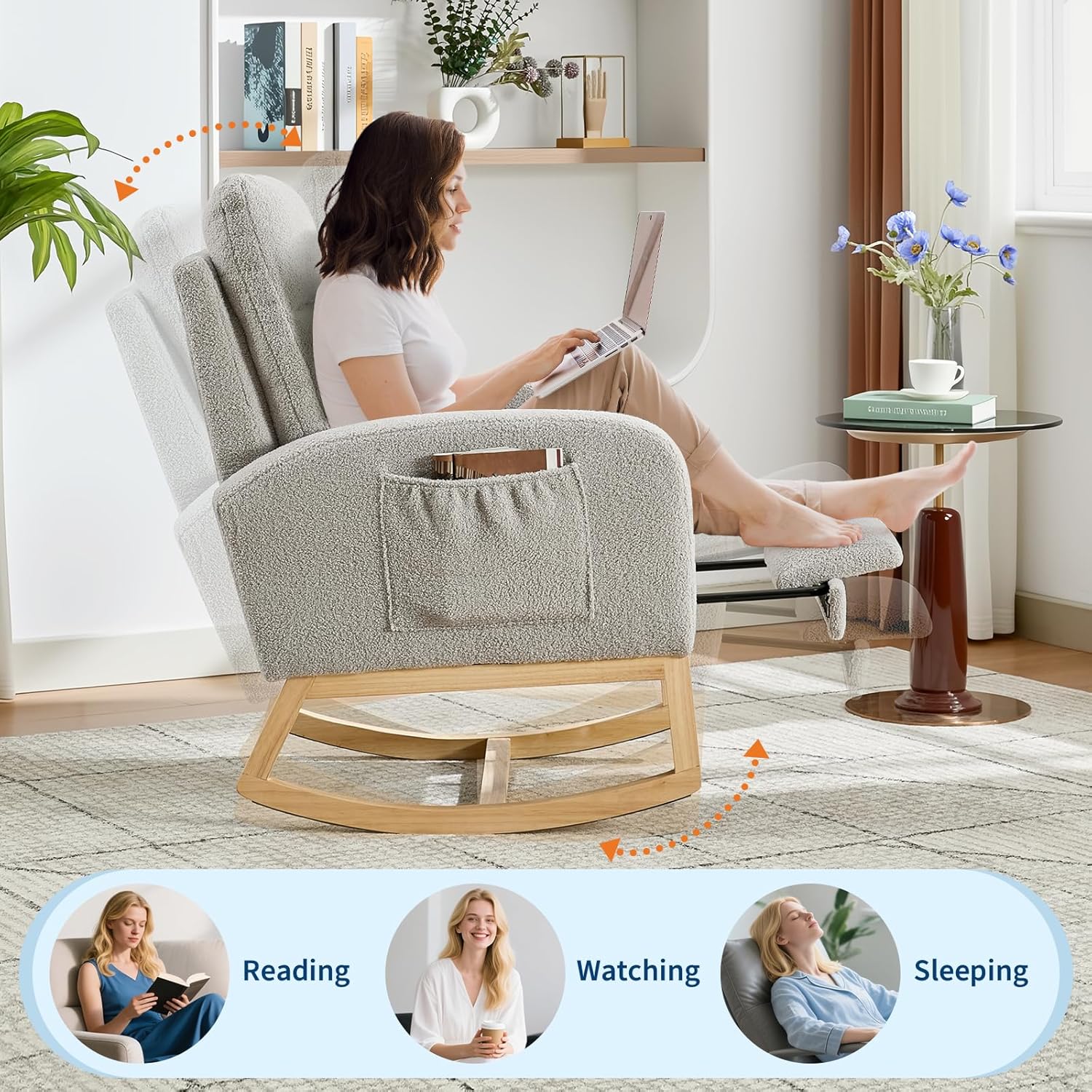 Rocking Chair Nursery with Foot Rest, Modern PU Upholstered Reading Glider Rocker Accent Armchair with High Backrest, Padded Seat, Side Pocket, for LivingRoom, Bedroom, Baby Room